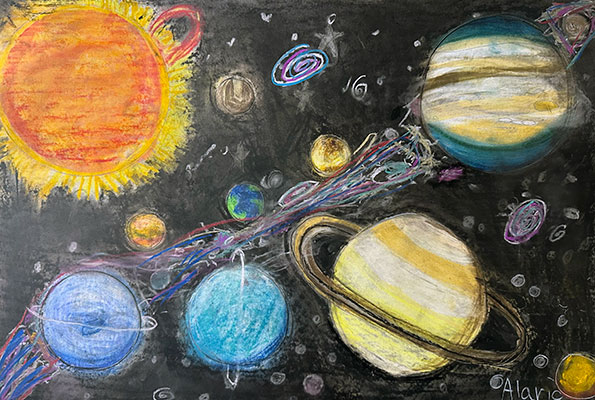 Colorful abstract interpretation of the solar system created with pastels. Jupiter, Uranus, Neptune, Earth, the Sun, as well as other planets scatter the page. Small blue and purple swirls around the page show distant spiral galaxies. The Sun is red and yellow and is complete with a solar flare. The background is black, highlighting the multicolored stripes, rings, and textures of the solar system’s planets.