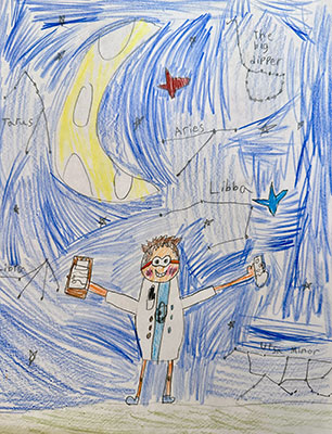Drawing of a scientist standing underneath the night sky, created using colored pencils. The scientist has red glasses, a white lab coat, and is holding their arms out, showing their notepad and scientific instrument in their hand. A large crescent Moon and many constellations including Libra, Taurus, Aries, and others appear in the sky above the scientist.