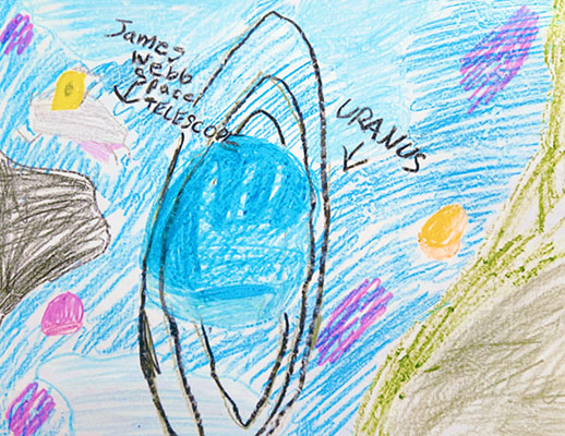 Abstract and colorful drawing of James Webb Space Telescope observing Uranus and its rings in space. Colored using crayons, this drawing features different shades of blue and purple.
