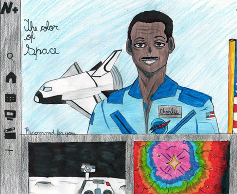 Illustration of the NASA+ home screen featuring a video about Charles Frank Bolden Jr., a former Administrator of NASA and astronaut who flew on four Space Shuttle missions. In this drawing, Bolden is smiling and wearing a blue space suit. A Space Shuttle appears behind him. “The Color of Space”, the title of the NASA+ video about Bolden, is written in cursive on the left.