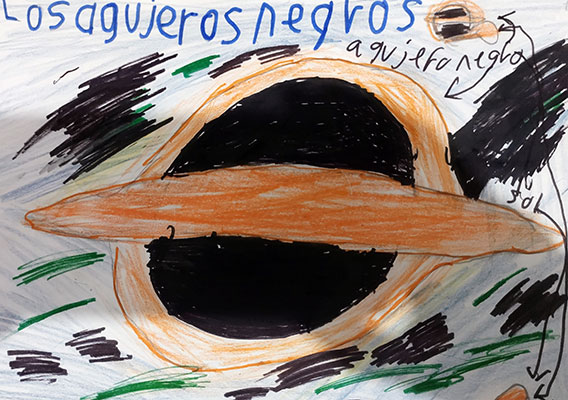 Abstract illustration titled Los Agujeros Negros, which means black holes in Spanish. A massive black hole is drawn in the center of the page using orange colored pencils and black marker.