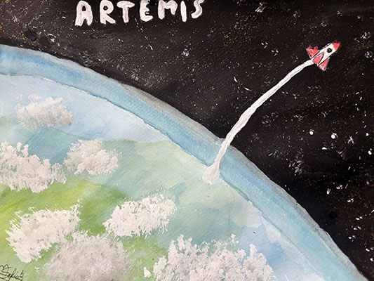 Painting of the Artemis missions titled, Artemis. A small red rocketship leaves a path of white smoke as it leaves Earth’s atmosphere and flies into space. Earth’s surface and atmosphere is light blue and green and includes clouds, likely created by dabbing a sponge (or similar medium) into white paint and onto the background. Only a portion of Earth is visible, as the background is black with white speckles, representing space.