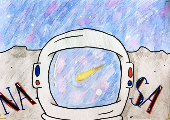 Illustration of an astronaut’s space helmet reflecting a meteor flying across the pastel purple, blue, and pink sky. The letters NA are written in black, red, and blue colors on the left side of the helmet, and the letter “SA” are written on the right side, spelling out NASA.