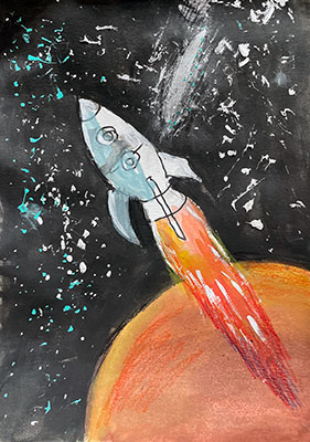 A drawing of a white rocket ship flying through space, propelled by a plume of red and orange fire. An orange and red planet is in the bottom right corner, suggesting the rocket ship is flying past Mars. The background is black with white speckles representing distant stars.