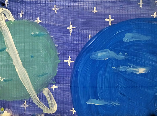 Abstract painting of Uranus and Neptune in space. Uranus’ rings are painted white, and the planet is colored aqua, while Neptune is dark blue.