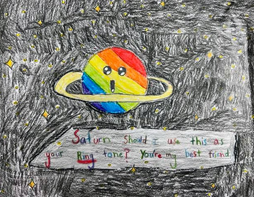 This valentine says, Saturn, should I use this as your ring tone? You're my best friend. In the middle of this picture is a drawing of Saturn. The planet is colored using rainbow stripes. A yellow band surrounds the planet. Saturn has a unique smile. The background of the picture is black, with yellow four-point stars scattered across the black background.