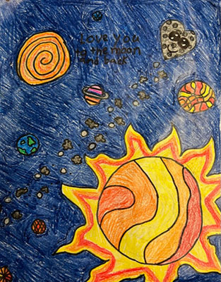 This valentine is an abstract drawing of our solar system. The Sun, Moon, Earth, and other planets are decorated using different textures and designs. The Sun, for example, is decorated using wavy stripes of red, orange, and yellow. The Moon is heart-shaped and smiling. The background of the art is colored dark blue. The valentine says, I love you to the Moon and back.
