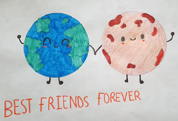 This valentine says, Best friends forever in red text. In this image, Earth and a red planet are holding hands. The Earth's oceans are blue, while the continents are green. The red planet is mostly light red with some red spots scattered across its surface. Both planets are smiling. The Earth was colored using markers while the red planet was colored using colored pencils.