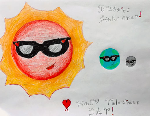 This valentine says, Buddies FAR-ever! Happy Valentine's Day! The valentine shows the Sun, Earth, and Moon. The Sun appears the biggest of the three. It is red with orange rays. The Sun is smirking and wearing thick black sunglasses. The blue and green Earth is smaller and is also wearing sunglasses while smirking. The Moon is the smallest of the three. It is wearing black sunglasses and smirking, too. A small red heart appears underneath the Sun.