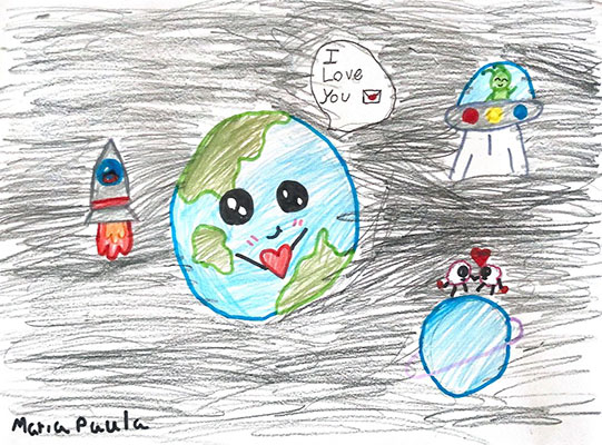 This valentine says, I love you. In this artwork, the Earth smiles while holding a small red heart. A speech bubble appears on the Earth's right side, suggesting the Earth is saying, I love you. To the left of the Earth is a rocketship. To the right of the Earth is a drawing of a small unidentified flying object with a little green alien smiling and waving from inside. Below this drawing are two small smiling circles holding hands on top of a light blue planet. The background of the drawing is black.