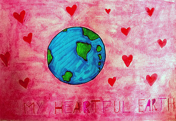 This valentine says, My heartful Earth in pink lettering. This valentine shows a blue and green Earth in the center, surrounded by red hearts. The background of this image is colored pink.