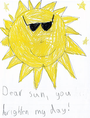 This valentine is a drawing of a smiling Sun wearing black sunglasses. The Sun is bright yellow with spiky yellow rays. Below the Sun is the text, Dear Sun, you brighten my day!. Surrounding the Sum are three five-point stars.