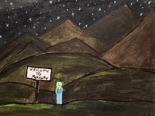 An illustration of a girl standing on the surface of Mercury. In the foreground, a girl with a light-colored outfit stands next to a sign that says, Welcome to Mercury. In the background, dark brown mountains rise from the ground and grow upwards toward the top of the image. The sky is black with white crosses and dots representing distant stars.