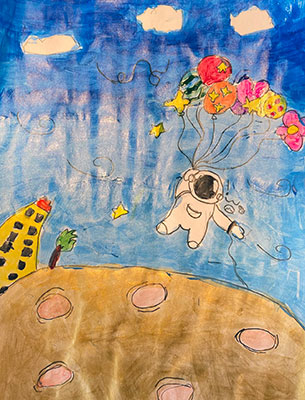 An illustration of an astronaut floating above a planet’s surface on multi-colored balloons. The planet’s surface is light brown with medium-sized beige circles representing craters. On the left side of the image, a yellow building with black windows and a brown tree with a green canopy rises from the surface of the planet. The background of the illustration is a blue sky with scattered black squiggles indicating wind blowing from the left to the right sides of the image. Three white clouds float at the top of the illustration. The main feature of the art piece is an astronaut in a white suit floating in the sky with the help of a bundle of multi-colored patterned balloons.
