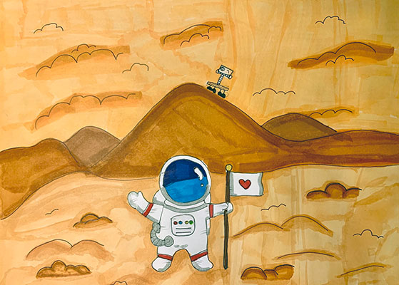 Una ilustración de un astronauta en la superficie de Marte. El astronauta viste un traje blanco con anillos rojos alrededor de los brazos y las piernas. Los brazos del astronauta están estirados, como si sonrieran emocionados para una foto. La mano izquierda del astronauta sostiene una bandera blanca decorada con un pequeño corazón rojo. El frente y el fondo de la ilustración es la superficie montañosa naranja y marrón de Marte. En la cima de una gran colina detrás del astronauta hay un rover de Marte que sube por la colina.