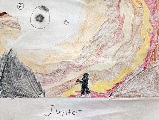 An illustration a black silhouette walking on the surface of Jupiter. The black silhouette has one hand stretched out. A black mountain rises from the surface on the left side of the image. A brown hill grows upwards on the right side of the image. Brown, yellow, and red swirling waves color the background. On the top left corner of the illustration are three circles.
