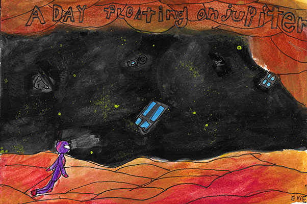 This illustration is titled, A Day Floating on Jupiter. It shows a person in a purple suit drifting across Jupiter’s red and orange hilly surface. The background is black, with various shapes and sizes of debris floating in space. Yellow paint splatters pepper the black background.