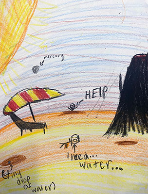 An illustration of two people experiencing a day on Mars. In the foreground is the surface of Mars, colored with orange and yellow colored pencils. A black stick-figure with its mouth open lays on the ground with the text, I need… water… written below it. To the stick figure’s left, a brown crater with the text, (Tiny drop of water) indicates that the surface of Mars is very dry with minimal available water. A black lawn chair and a yellow and red-striped umbrella are drawn above this crater. On the Martian horizon, half of a stick figure with its arms flailing has the text, Help written above it. The background of the illustration is light blue with a portion of the big, bright yellow Sun illustrated on the top left corner.