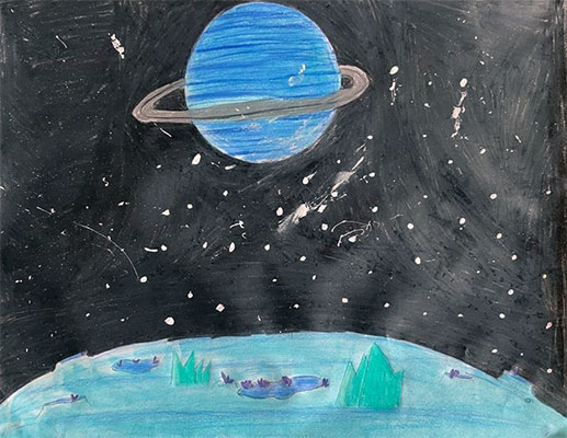 An illustration of the surface of a blue planet. The light blue planet’s surface in the foreground is decorated with turquoise features and craters protruding outwards. Beyond this planet’s surface is a black background with scattered white dots. Another blue planet is seen beyond the foreground. This planet has a gray ring circling it horizontally.