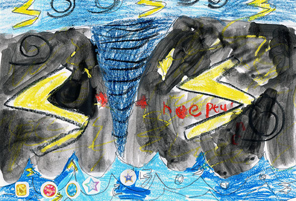 An illustration of wacky weather! There is a tornado-like illustration in the middle of this abstract image. On each side of this tornado, there are S-shaped lightning bolts. Around these lightning bolts is black paint. Other features decorate the image, such as stickers, blue waves, black swirls, and red details.
