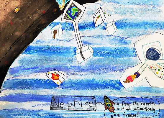 An illustration of Neptune. The text on this image says, Drop the supplies, it will automatically freeze!!. This image depicts an astronaut dropping supplies onto the surface of Neptune and those supplies freezing into ice cubes. The astronaut, in a white suit, is on the right side of the illustration, and the supplies they dropped float, in their cube form, toward the center of the image. Neptune’s surface is drawn in the background. It is various hues of blue, and colored in a stripe pattern. Beyond the planet’s surface is a black and brown background.