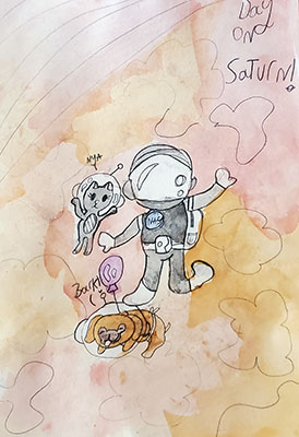 Una ilustración de un astronauta flotando en las nubes de Saturno con un gato y un perro flotando con ellos.