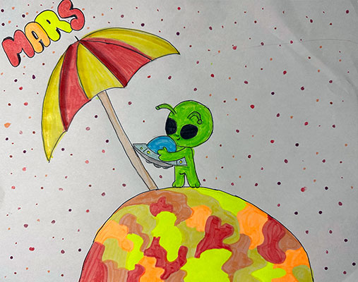 Illustration of an alien under an umbrella on Mars.