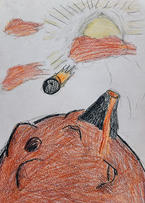Ilustración de un planeta con un volcán en erupción y un asteroide en el cielo.