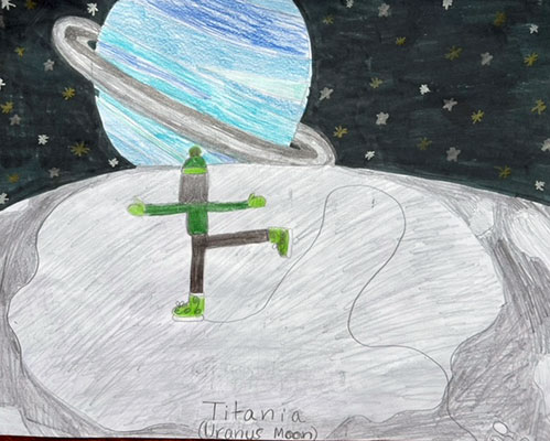 Ilustración de una persona patinando sobre hielo en la superficie de Titania con Urano en el cielo.