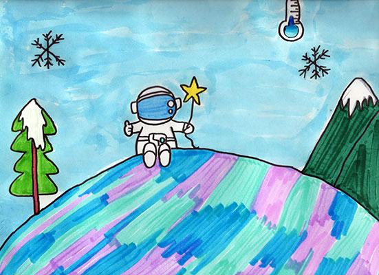 Illustration of an astronaut holding a star balloon and giving a thumbs up on the surface of a cold planet that has mountains and trees.