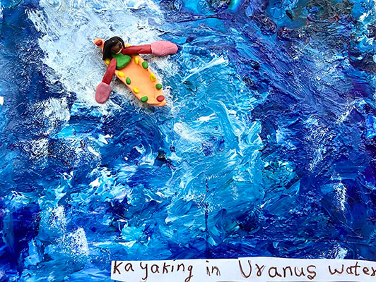 Clay model of a person kayaking on Uranus.