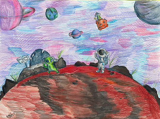 Illustration of an alien and astronaut on the surface of Venus with various planets scattered in the sky. There is also a sign next to the alien that says welcome to Venus.