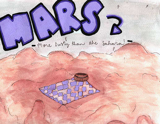 Illustration of the dusty surface of Mars with a picnic blanket and basket setup on the ground.