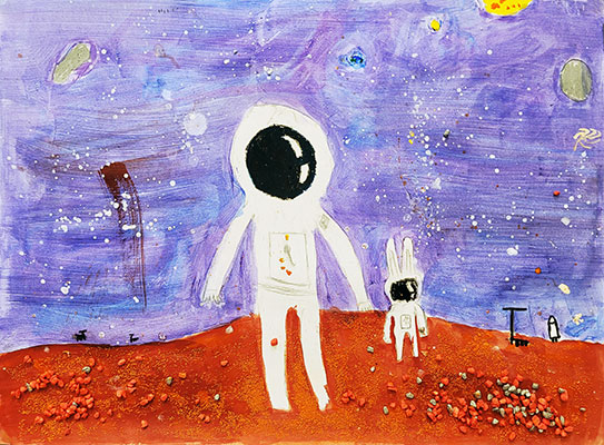 Ilustración de dos astronautas en la superficie de Marte, uno de los cuales tiene orejas de conejo.