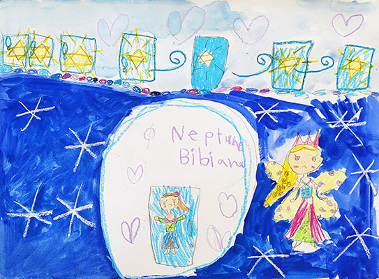 Ilustración de una princesa de hadas en un castillo de hielo en Neptuno.