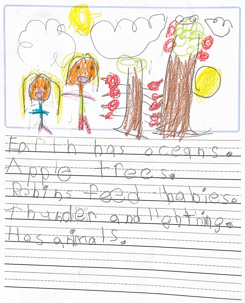 Poem and illustration about Earth. At the top of the page is a drawing of two people standing outside beside two apple trees. The stick figures with blond hair stand below clouds, drawn in pencil. They stand to the left of two apple trees, one taller and wider than the other. The trunks are colored brown. The apples are bright red. Below the illustration is the accompanying poem. The poem reads, Earth has oceans. Apple trees. Robins feed babies. Thunder and lightning. Has animals. The poem is written in pencil.