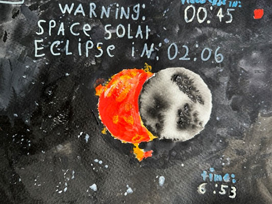 Painted illustration of an emerging eclipse in space with text, “Warning: Space Solar Eclipse in: 02:06.” In this painting, the Moon overlaps with the Sun’s face, creating a solar eclipse. White paint speckles the black background, representing distant stars.