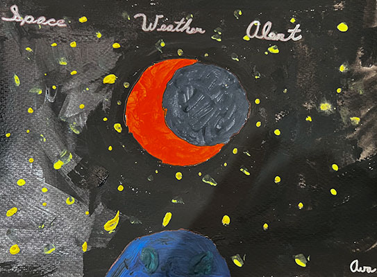 Painted illustration of the Moon passing in front of the Sun, creating a solar eclipse. Yellow dots scattered around the black space background represent distant stars. “Space Weather Alert” is written in cursive at the top of the painting.