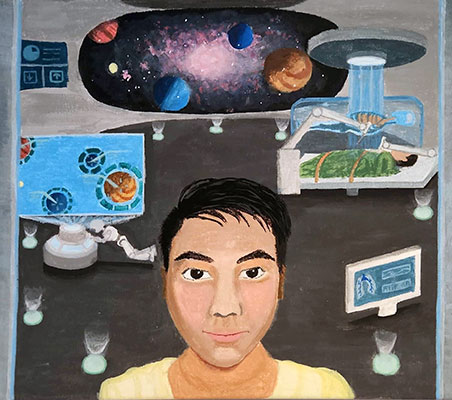 An illustration of a person inside of a scientific-looking laboratory with different technological features, such as monitors. Behind the person, at the very end of the laboratory, the artist has drawn various planets and a distant galaxy.