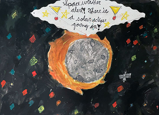 Illustration of a solar eclipse with text written in cursive, “Space weather alert! There is a solar eclipse going on!” In the center of the drawing, a cratered Moon moves across the Sun’s face, creating a solar eclipse. The background of the illustration is black with scattered multi-colored diamonds representing stars. A small gray satellite flies by the right side of the active eclipse.