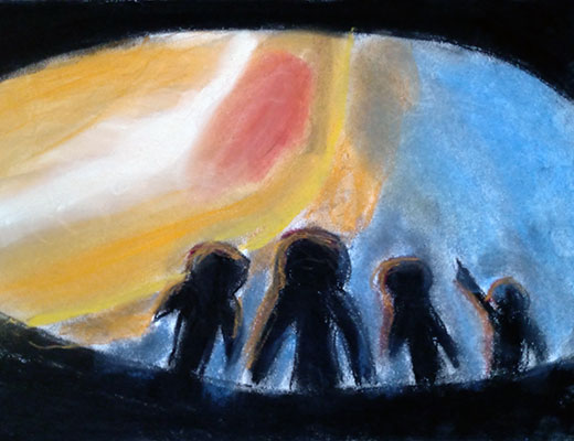 Abstract pastel drawing of silhouettes of people looking up at the Sun and the sky. One person points up toward the sky.