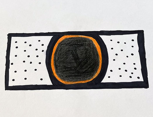 Abstract drawing of an annular solar eclipse inside of a black box with scattered dots.