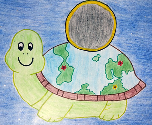 A colored pencil and marker drawing of a turtle. The smiling turtle’s shell is Earth – there are green continents and blue oceans. On top of the turtle’s shell is an annular solar eclipse.
