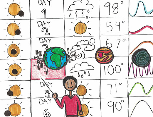 Pencil and marker drawing of a meteorologist in a red shirt pointing at a six-day space weather forecast. On the fourth day in the forecast, the Moon appears in front of the Sun, representing an eclipse.