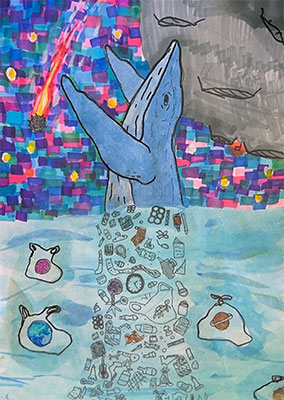 Illustration of a whale jumping out of the water with half of its body still below the water line. Under the water, the whales body appears to be made from various pieces of trash. There is an asteroid in the sky and the Moon. The sky is a mosaic of squares overlapping each other.