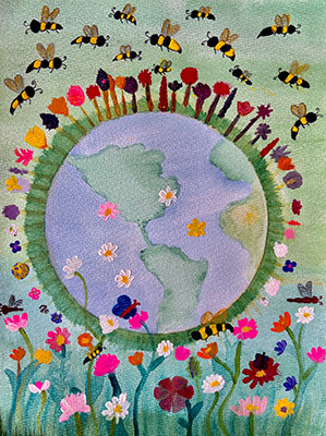 Illustration of the Earth with a flowers growing out of it from all sides. Many bees are flying around the Earth.