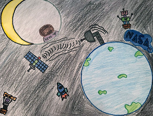 Illustration of Earth and the Moon in the darkness of space. An antenna on Earth is sending a signal to a spacecraft. Several humanoid robots are floating with the spacecraft.