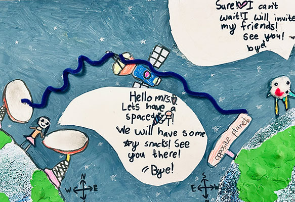 Illustration of a child on Earth sending a signal via DSN antennas to a planet called opposite planet with a spacecraft between the planets to receive and forward the signal. The signal is made out of a pipe cleaner. The child is sending the message Hello mrs ice cream, lets have a space party, we will have some starry snacks, see you there, bye!