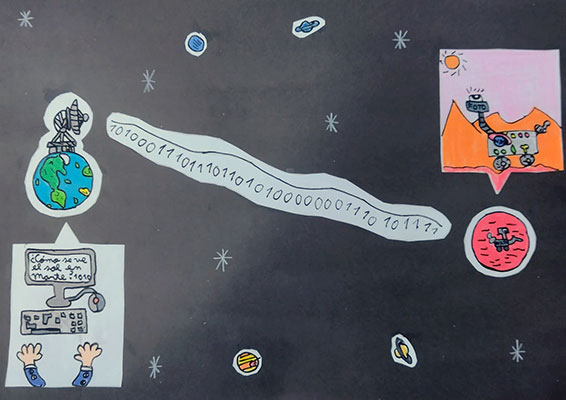 Paper cutouts of Earth with a large antenna on it sending a string of 1s and 0s toward Mars, where the message is received by a rover on the surface.