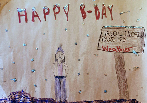 Illustration of a person next to a sign that says POOL CLOSED DUE TO WEATHER on their birthday.